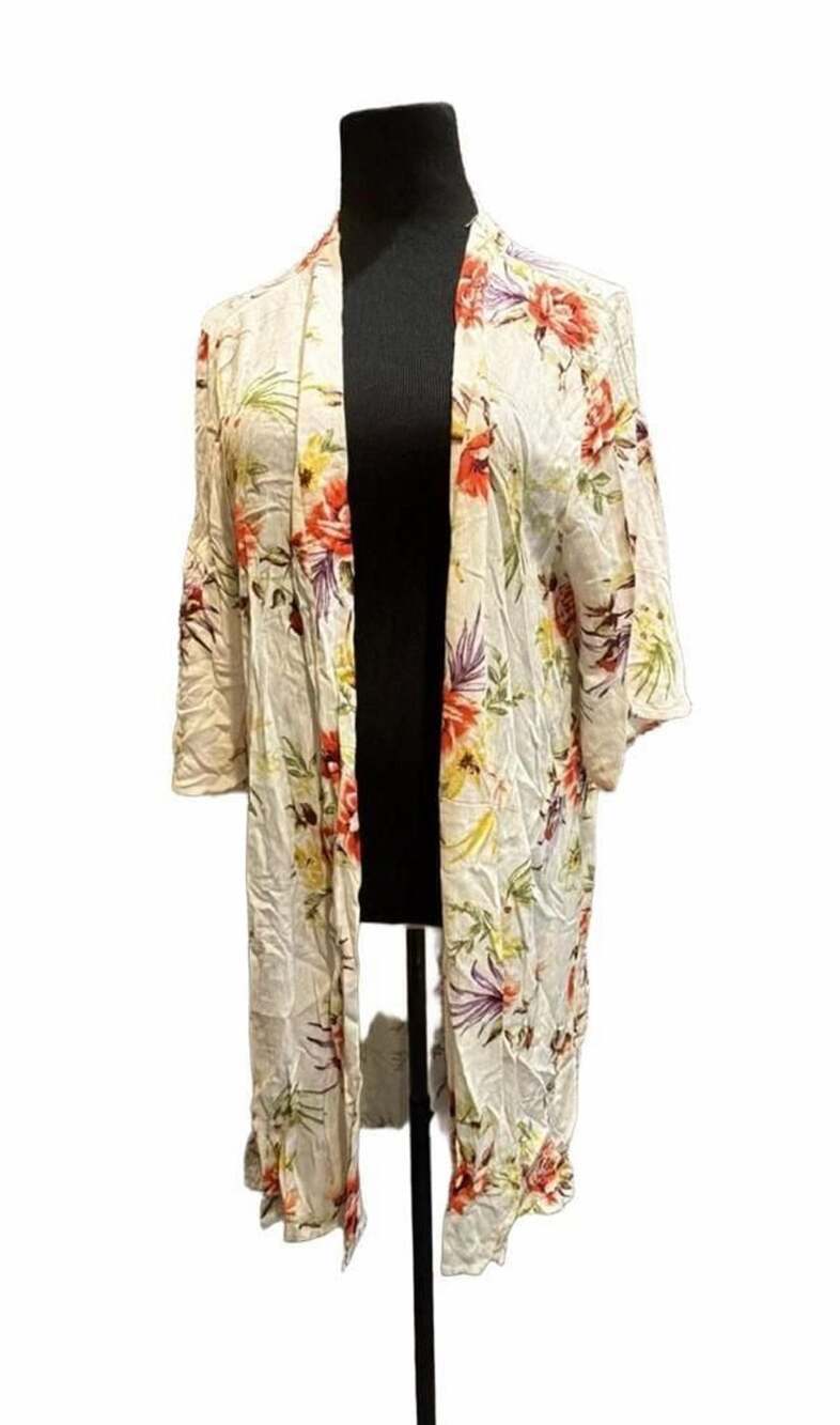 829 Iris Floral Kimono Size L Open Front Cardigan